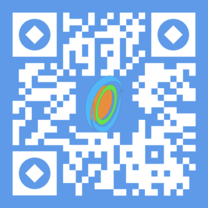 A qr code with an illustration of a planet embedded in the center against a blue background.