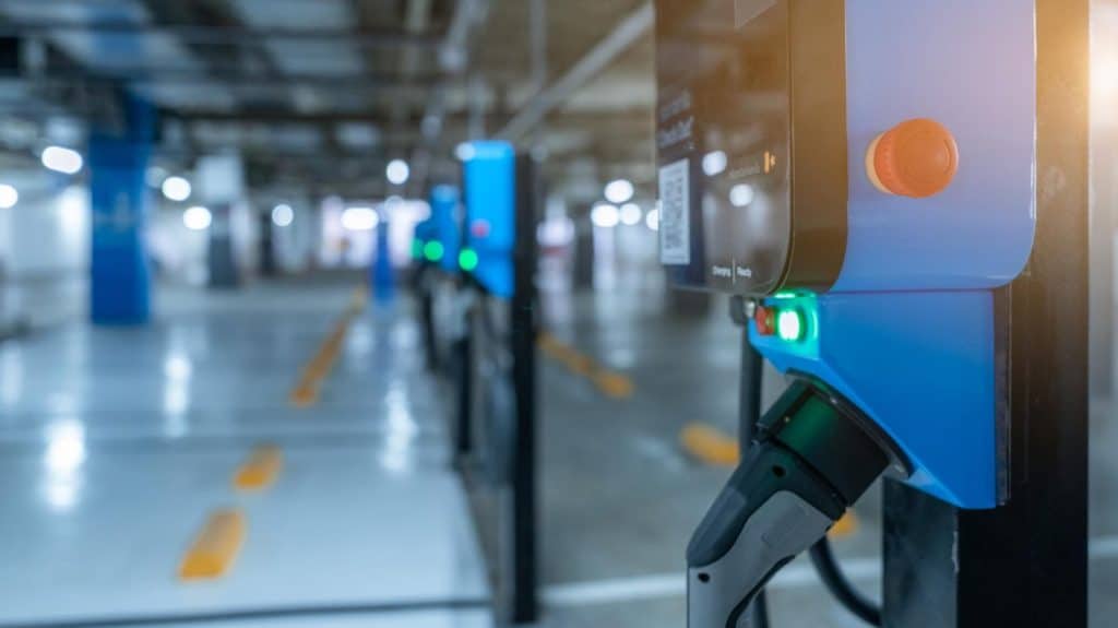 Commercial electric vehicle charging stations in a parking garage.