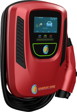 Electric vehicle charging station for companies with digital display and connector cable.