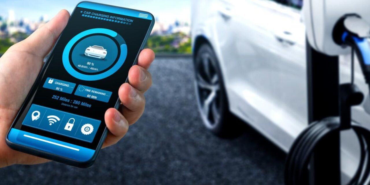 Electric vehicle charging status monitored on a smartphone app, including Level 2 and DC fast EV charging stations.