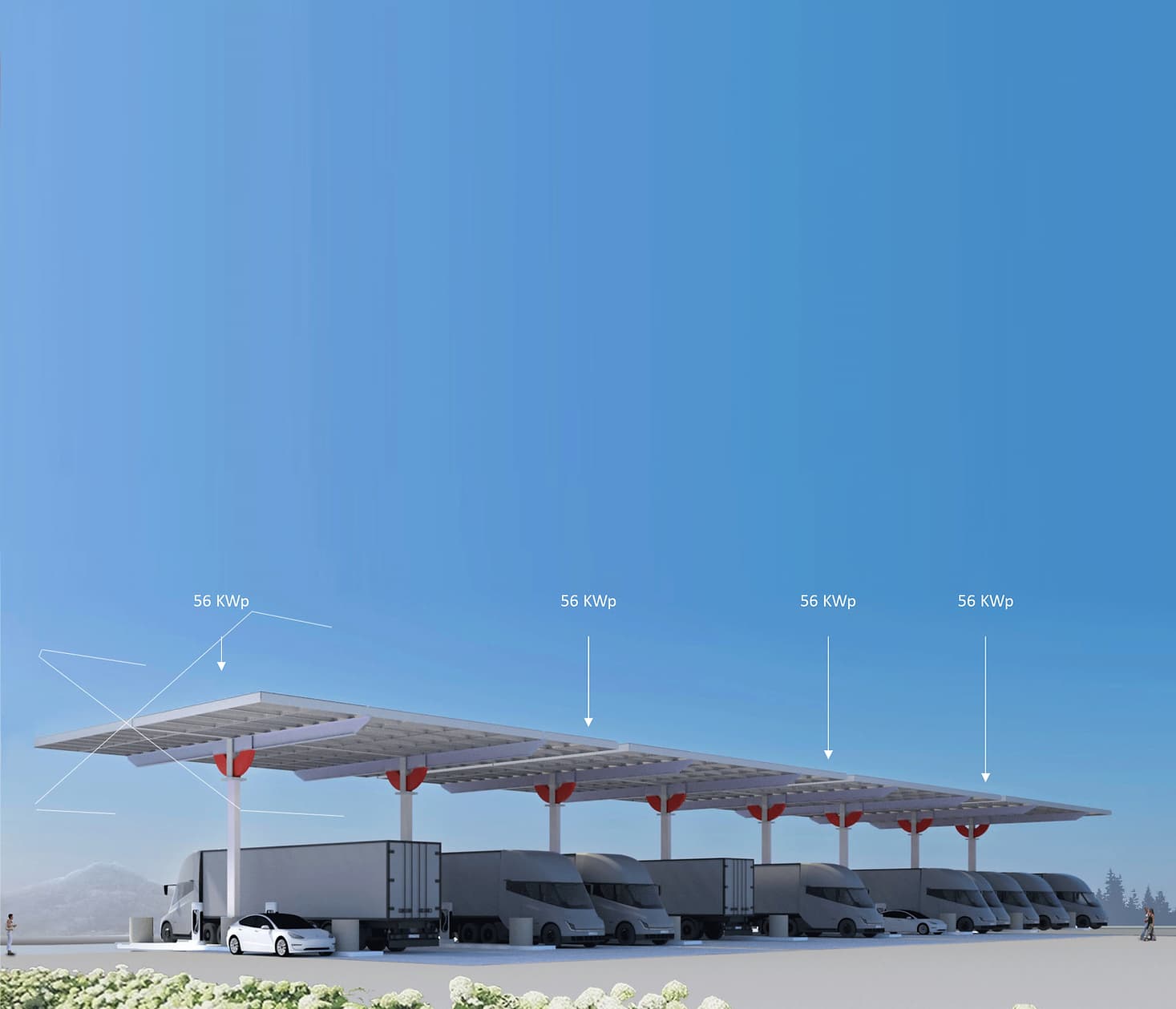 Solar panel-covered parking providing shade for parked trucks and equipped with Level 2 commercial EV charging stations.