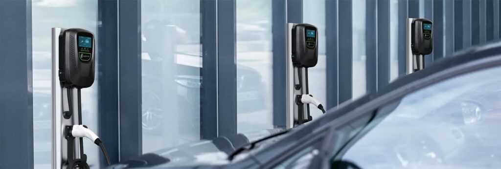 Electric vehicle charging stations in use.