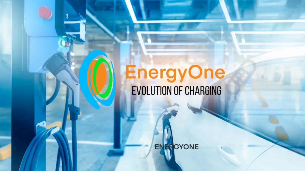 Electric vehicle charging station with brand logo "Energy One" and the slogan "evolution of charging".