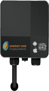 Electric vehicle (EV) charging station adapter with QR code.
