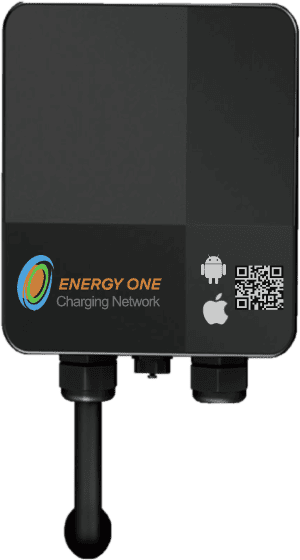 Electric vehicle (EV) charging station adapter with QR code.