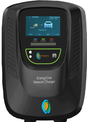Electric vehicle (EV) charging stations display with interface and branding.