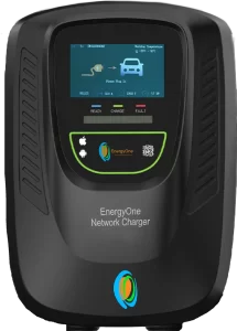 Electric vehicle (EV) charging stations with digital display screen and QR code.