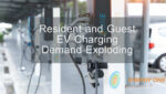 Electric vehicle charging stations with text overlay highlighting increasing demand for resident and guest EV charging by developers and multifamily complexes.