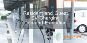 Electric vehicle charging stations with text overlay highlighting increasing demand for resident and guest EV charging by developers and multifamily complexes.