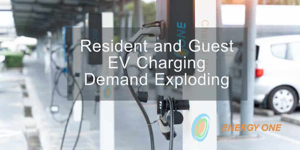 Electric vehicle charging stations with text overlay highlighting increasing demand for resident and guest EV charging by developers and multifamily complexes.