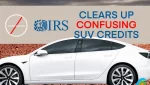 Electric vehicle on arid terrain with text overlay addressing confusion about EV tax credits updated.