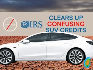 Electric vehicle on arid terrain with text overlay addressing confusion about EV tax credits updated.