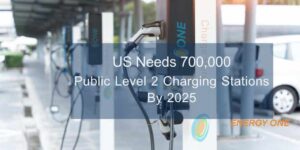 Electric vehicle charging stations with an overlay text stating a goal for US infrastructure expansion by 2025: US needs 2 million Level 2 charging stations.