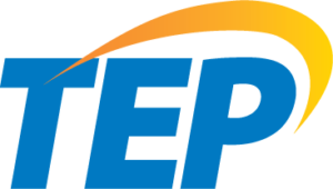 The image shows the logo of TEP, typically representing Tucson Electric Power, featuring stylized blue letters with an orange and yellow swoosh above, highlighting their EV Rebates and Incentives program.