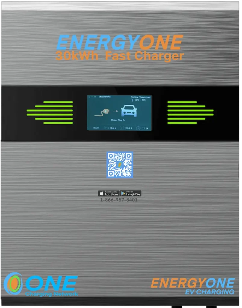 EV Charging stations with digital screen and user interface.