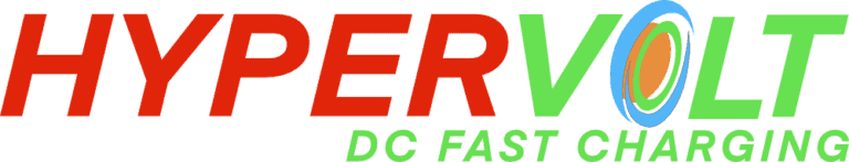Colorful "hypervolt dc fast charging" logo for EV charging stations with stylized text on a green background.