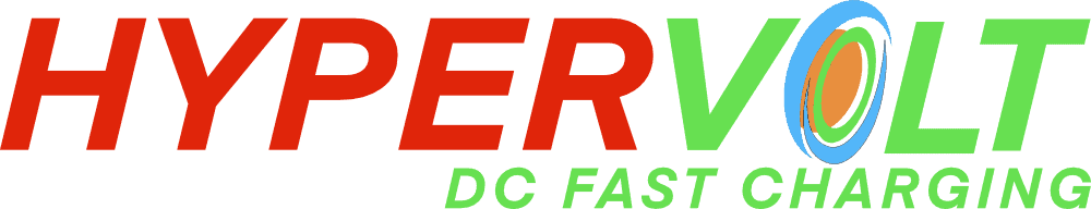Colorful "hypervolt dc fast charging" logo for EV charging stations with stylized text on a green background.