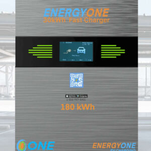 Electric vehicle charging station with digital display, qr code for payment, and contact information.