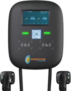 Electric vehicle charging station with display screen and qr code for user interface.