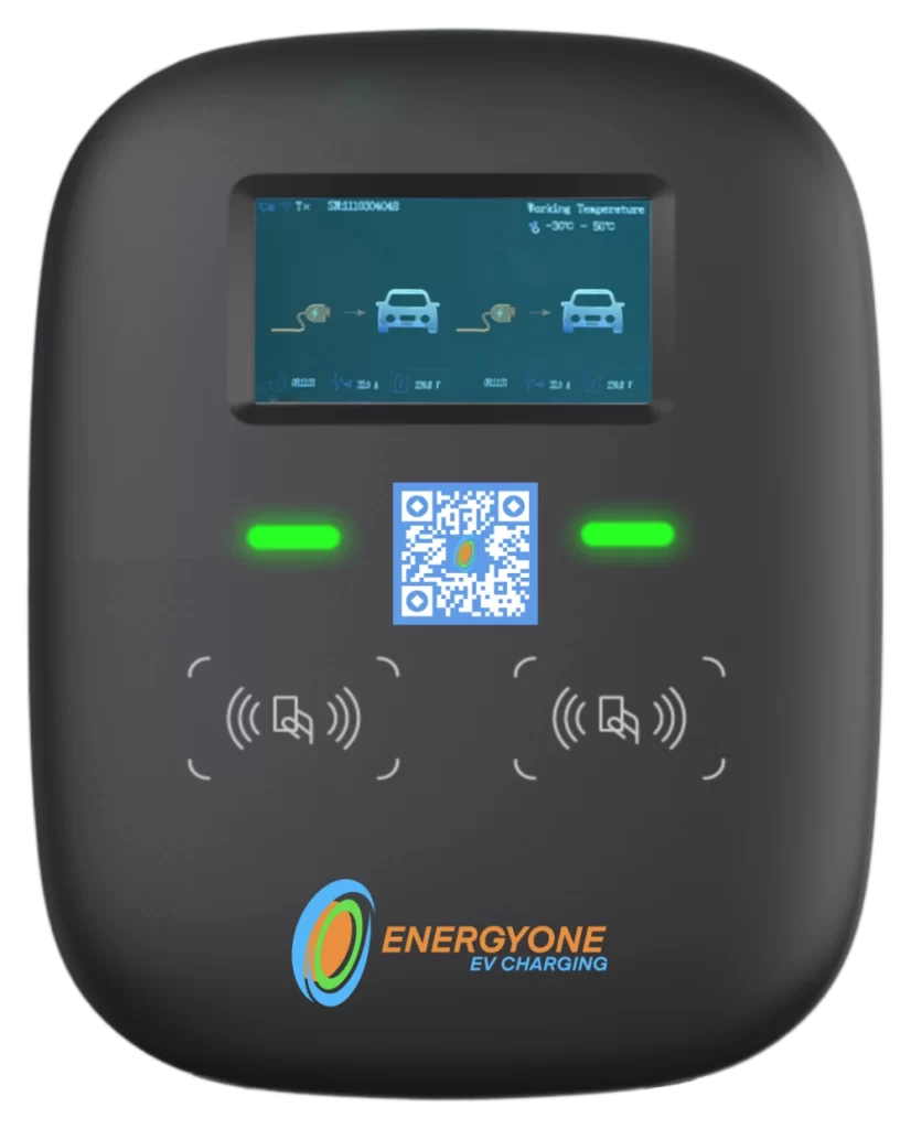An electric vehicle charging station display with a qr code and operational status indicators.