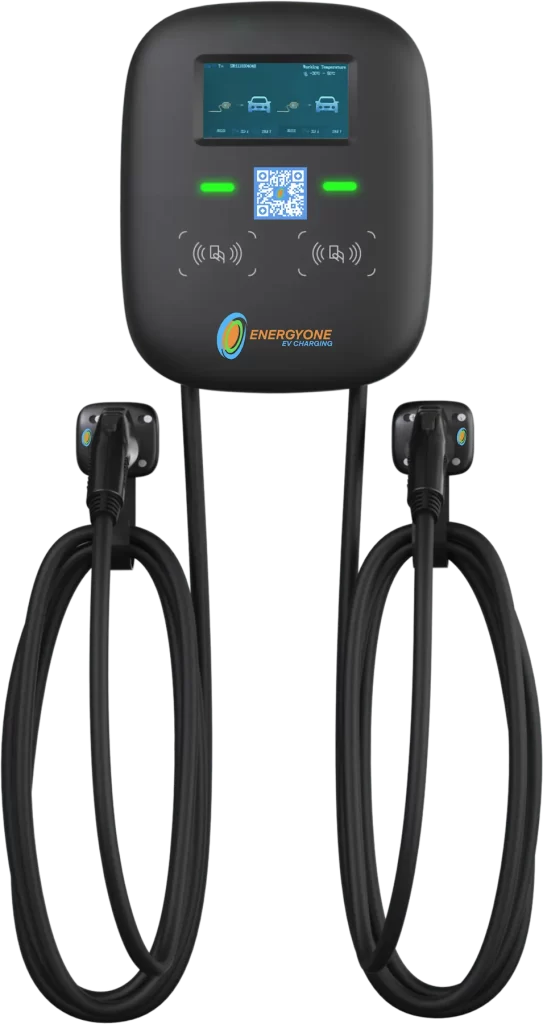 Dual-port electric vehicle charging station with digital display and branding logo.