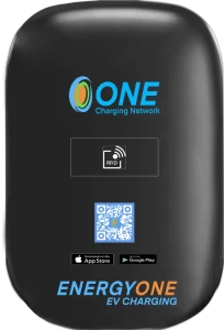 A black electric vehicle charging station with rfid, a qr code, and logos for one charging network and energyone ev charging.