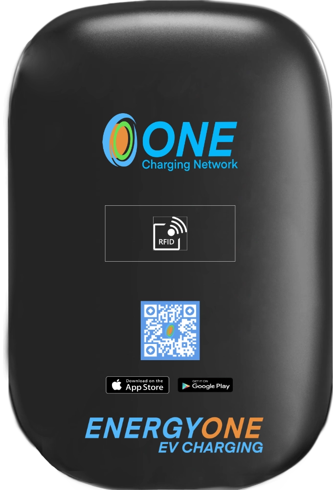 A black electric vehicle charging station with rfid, a qr code, and logos for one charging network and energyone ev charging.