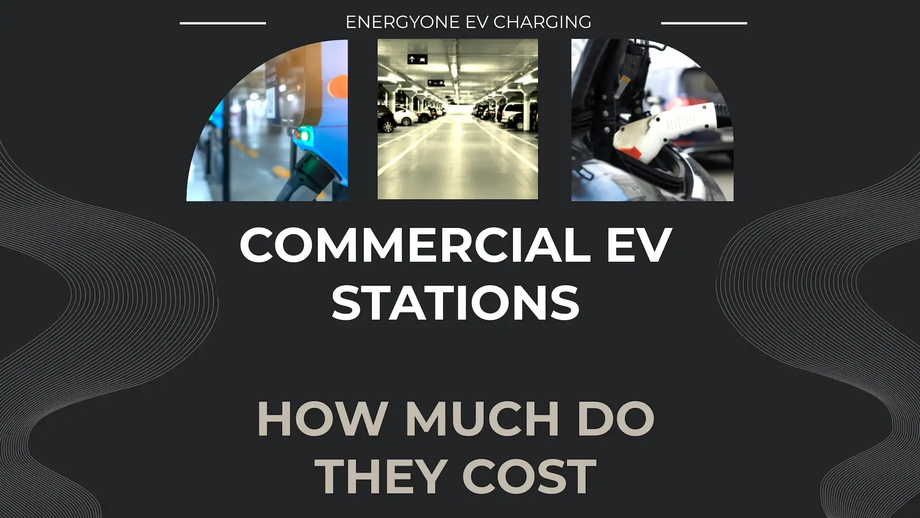 An informational slide presenting the topic of EnergyOne commercial ev charging stations and their cost, flanked by images of electric vehicle charging equipment and a parking area equipped with charging stations.