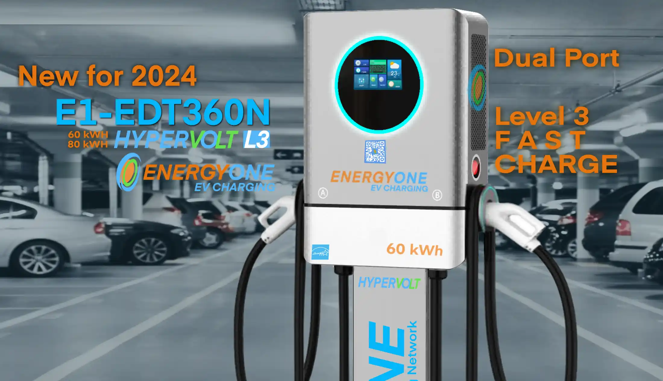A modern EV charging station in a parking garage, featuring dual ports and digital displays for fast charging.  EnergyOne DC Fast Charger.  Level 3 Fast Charger.