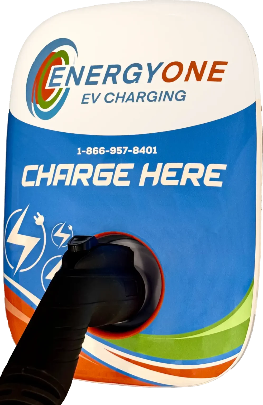 An EnergyOne Level 2 EV charging station labeled "EnergyOne EV Charging" with a phone number and the words "CHARGE HERE" displayed prominently.