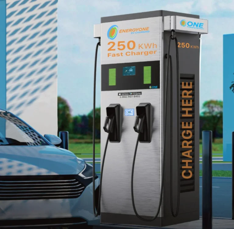 A 250 kWh fast charger for electric vehicles, labeled "EnergyOne 250 KWh Fast Charger" and "Charge Here," is positioned next to a parked blue car. This unit exemplifies the cutting-edge technology of commercial EV charging stations that cater to growing e-mobility demands.