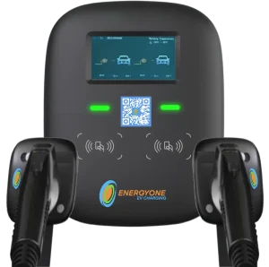 A dual-port electric vehicle charging station with a screen, QR code, and touchless payment icons, branded as "EnergyOne EV Charging," ideal for commercial EV charging stations.