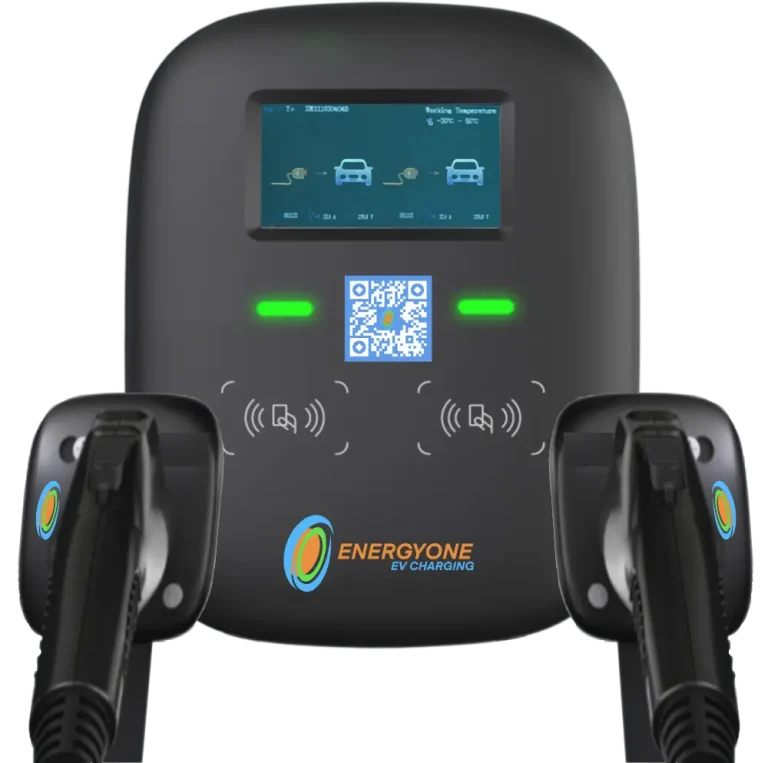 A dual-port electric vehicle charging station with a screen, QR code, and touchless payment icons, branded as "EnergyOne EV Charging," ideal for commercial EV charging stations.
