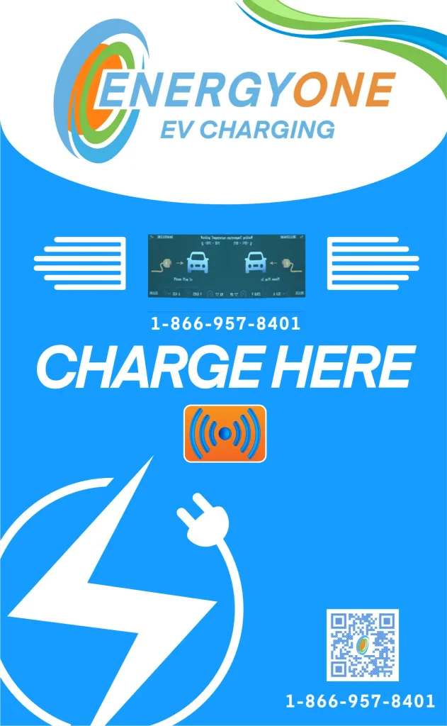 An "Energy One EV Charging" station sign with contact number, QR code, and instructions to charge vehicles here.