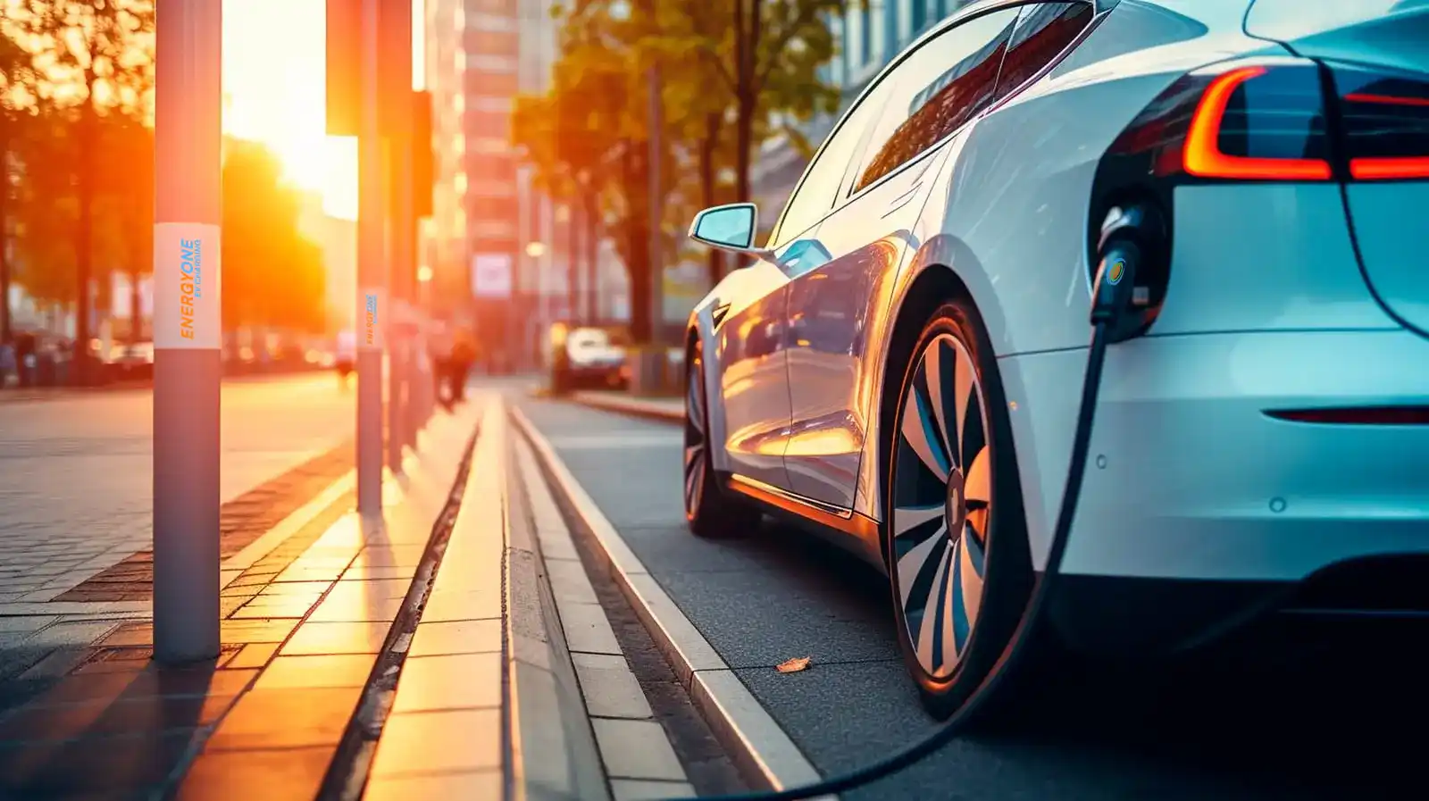A white electric car is parked on a city street, plugged into a charging station with sunlight illuminating the street in the background.