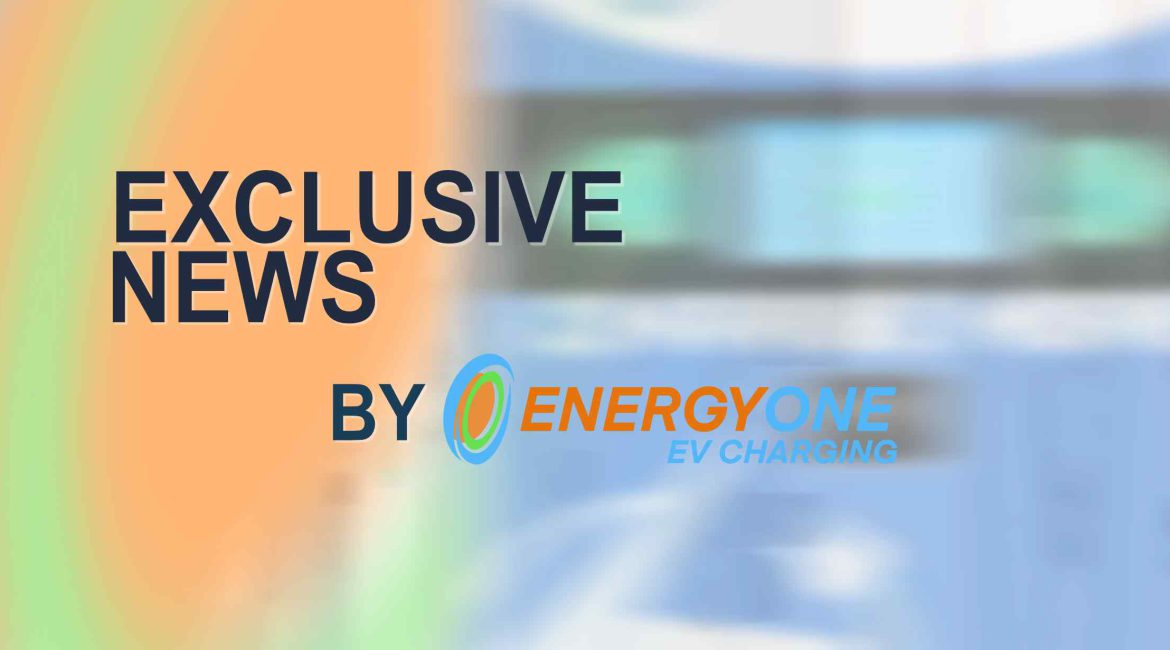 Exclusive news graphic by Energy One EV Charging, featuring blurred background and a colorful logo.