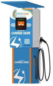 Electric vehicle charging station with blue and orange design, featuring a screen, controls, and two charging cables.