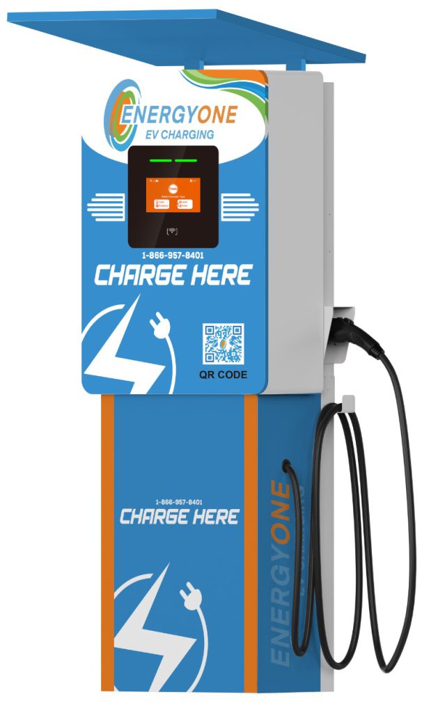 Electric vehicle charging station with blue and orange design, featuring a screen, controls, and two charging cables.