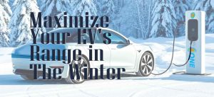 Electric vehicle charging at a snowy station with trees in the background. Text overlay says, "Maximize Your EV's Range in The Winter.
