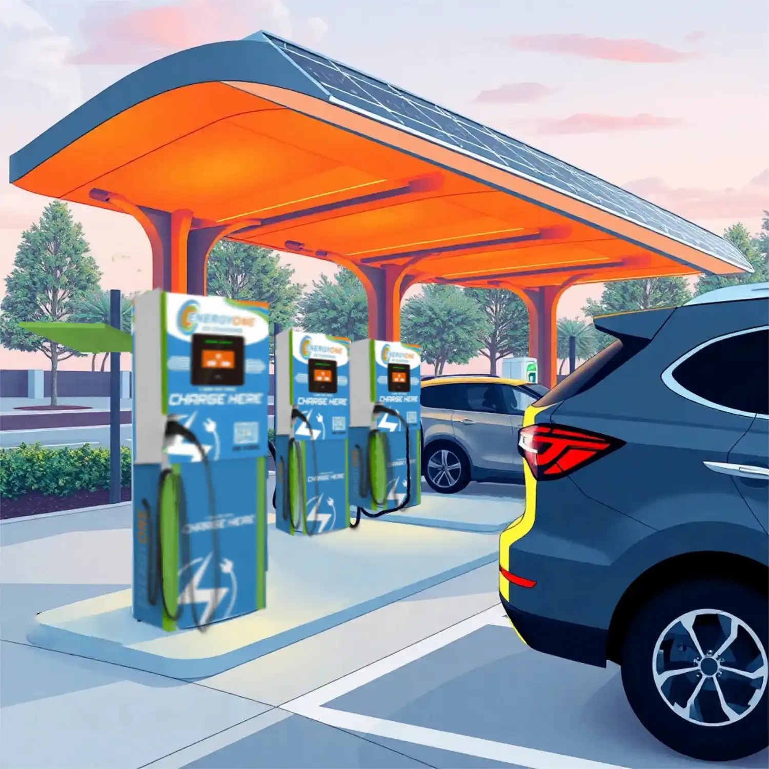 Electric vehicle charging station under a solar panel canopy with a parked car and two charging units, set in a parking area with trees in the background.