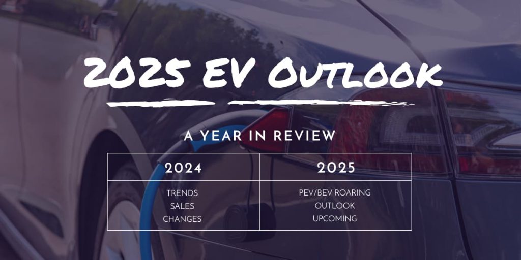 Close-up of an electric vehicle being charged, with overlay text: "2025 EV Outlook: A Year in Review" and sections for 2024 and 2025 trends.