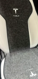 Tesla car seat with a gray fabric cover and white trim, featuring the Tesla logo.