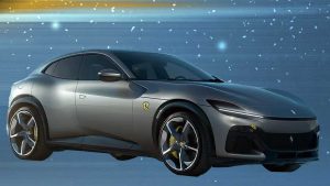 Sleek silver sports car with a dynamic design, set against a blue background with scattered white flecks.