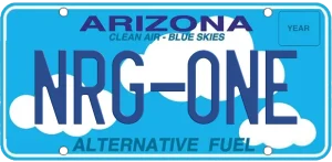 Blue Arizona license plate with "NRG-ONE" text, clouds in background, and "Alternative Fuel" message.