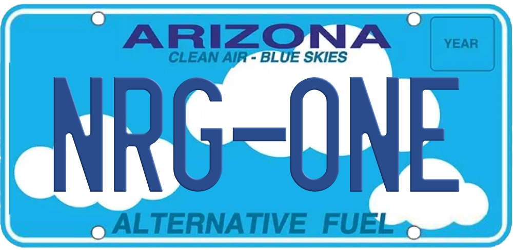 Blue Arizona license plate with "NRG-ONE" text, clouds in background, and "Alternative Fuel" message.
