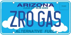 Arizona alternative fuel license plate with the text "ZRO GAS" against a cloud and sky background.