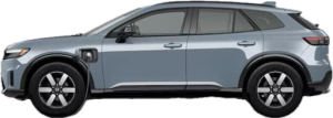 Side view of a silver SUV with five doors and charging port visible on the front left side.