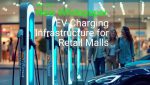 People walk past EV charging stations outside a retail mall, with an EV parked and text highlighting a whitepaper on EV Charging Infrastructure for Retail Malls.