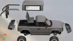 A gray pickup truck with its parts separated and suspended around it, including the roof, doors, bumpers, seats, and wheels, shown on a neutral background.