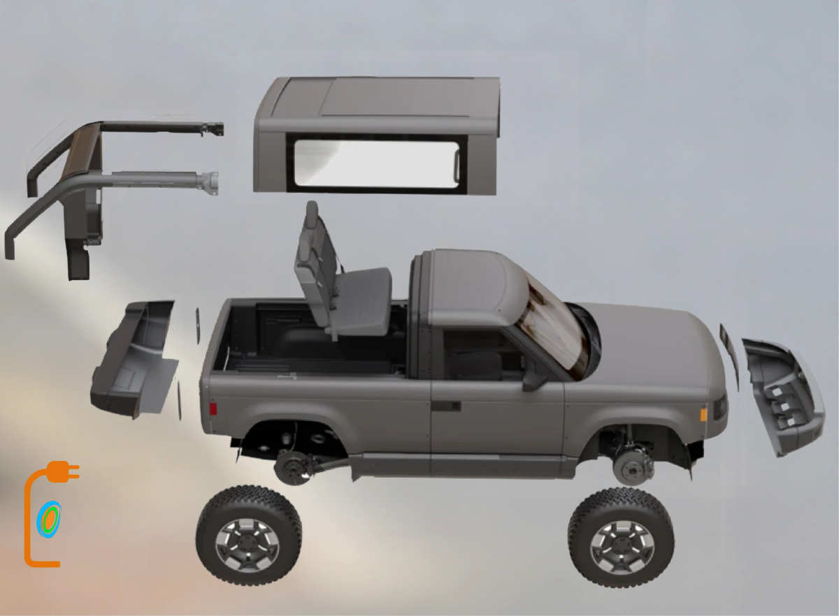 A gray pickup truck with its parts separated and suspended around it, including the roof, doors, bumpers, seats, and wheels, shown on a neutral background.